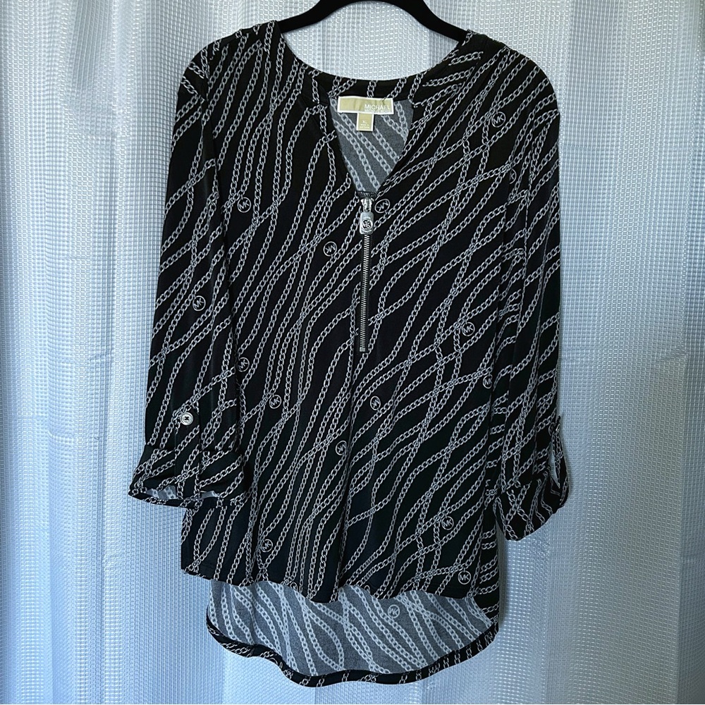 Michael Michael Kors Chain Print Zip Front Blouse – XL Black Silver
